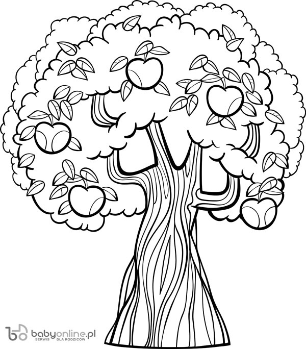 drzewo kolorowanka, kolorowanka do druku, kolorowanka dla dzieci, drzewko owocowe, jabłoń
